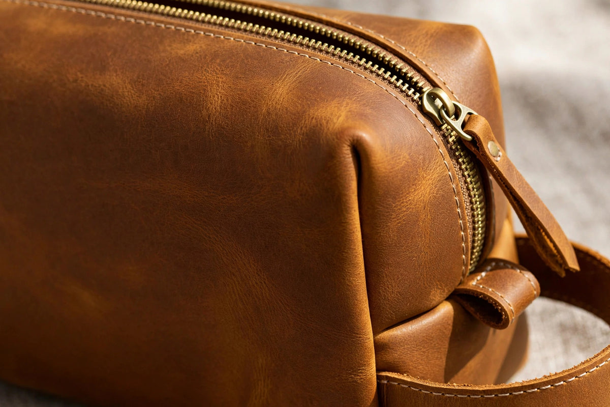 The Camden Dopp Kit leather detail