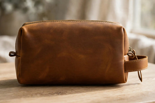 The Camden Dopp Kit, caramel brown leather, closed
