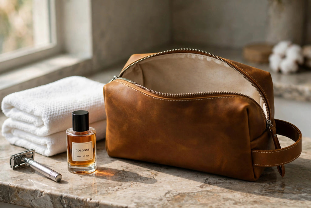 The Camden Dopp Kit open showing empty interior