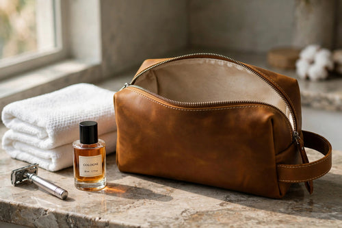 The Camden Dopp Kit open showing empty interior