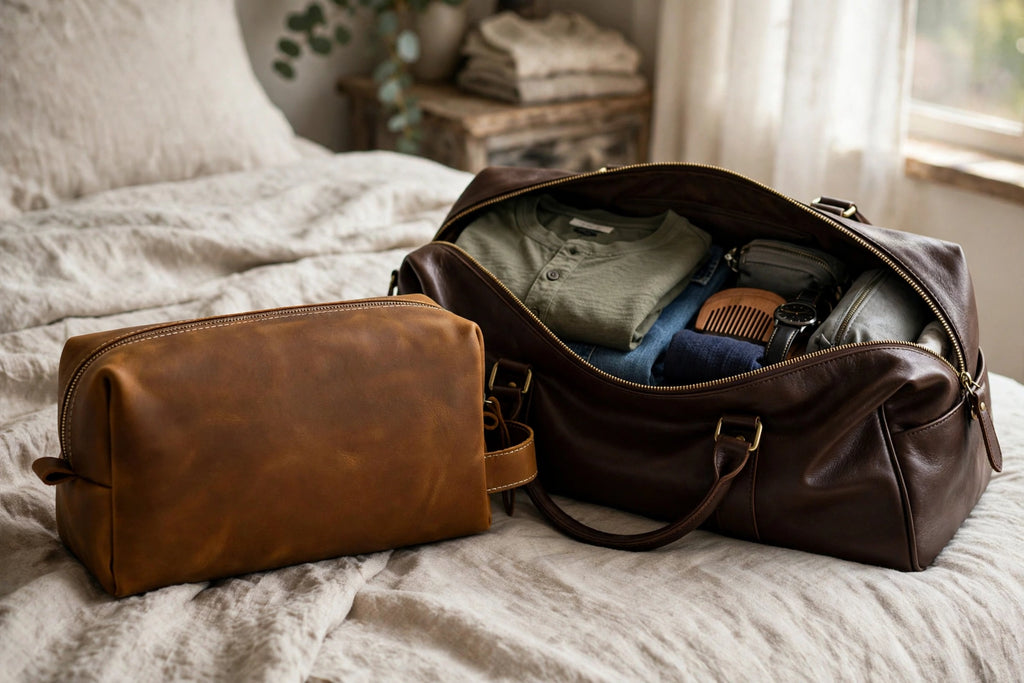 The Camden Dopp Kit packed for travel